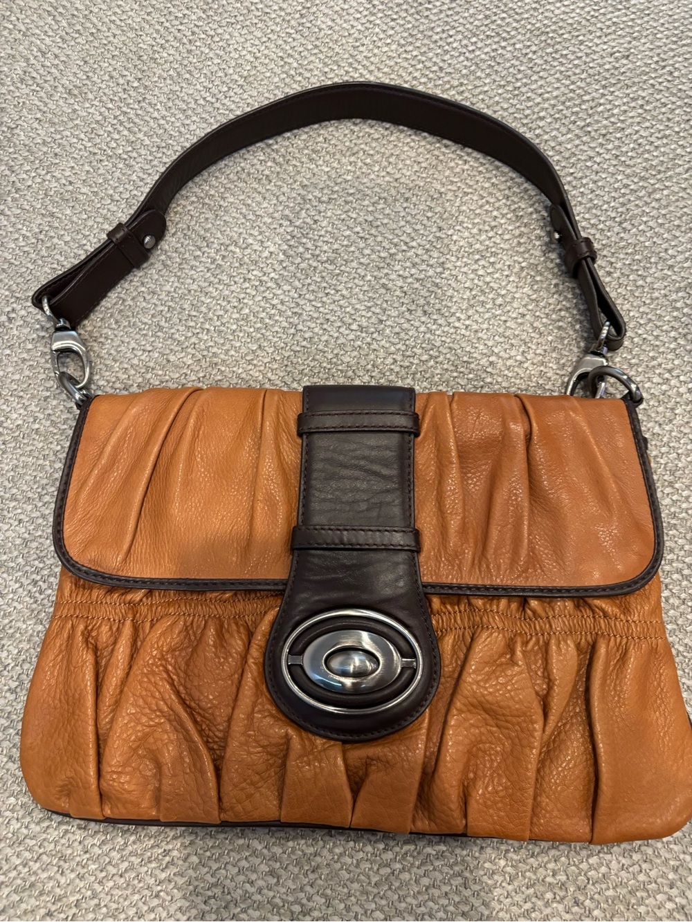 Sondra Roberts Cognac and Dark Brown Gathered Leather Shoulder Bag